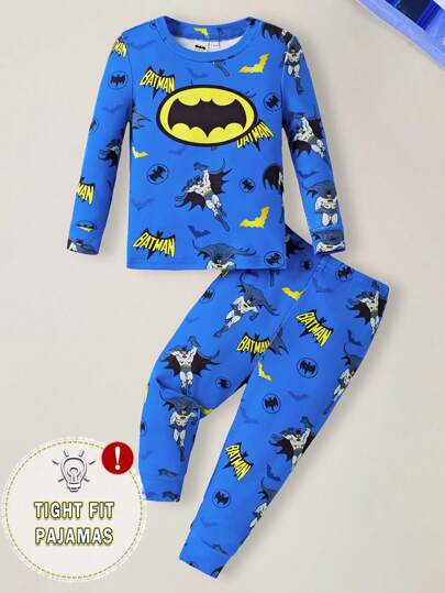 BATMAN X SHEIN Baby Boy Fashionable Cartoon Bat Pattern Knitted Crew Neck Long Sleeve Top & Pants Pajama Set