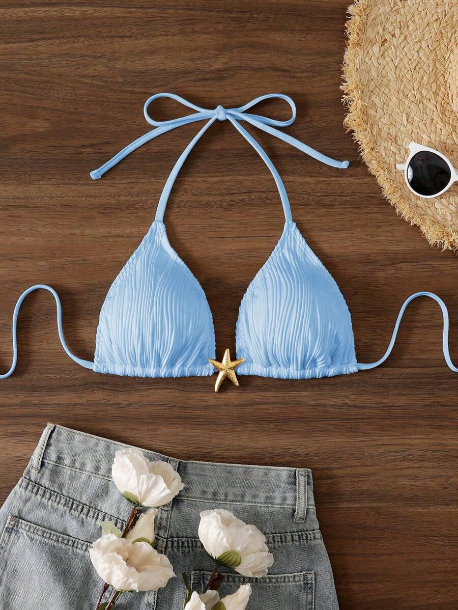 SHEIN Swim 女款海灘度假掛脖露背綁帶素色針織一件式泳衣上衣，適合夏季 - 藍色 - 查看 1
