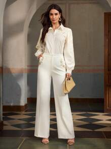 ZEYLAH ELEGANT EMBROIDERED WIDE LEG WHITE CASUAL/BUSINESS WEAR PANTS - White - View 1