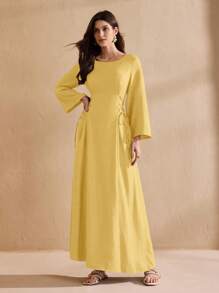 Graceveil Round Neck Solid Color Drawstring Shoulder Gathered Waist Long Sleeve Tie-Waist Dress - Yellow - View 7