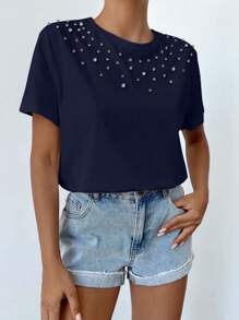 Camiseta de cuello redondo de manga corta con decoración de rhinestones para mujer