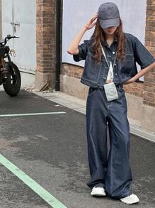 Dazy Kids Teenagers Girls Loose Denim Short Sleeve Jacket And Straight Jeans Outfit, Fall Clothing