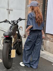 Dazy Kids Teenagers Girls Loose Denim Short Sleeve Jacket And Straight Jeans Outfit, Fall Clothing