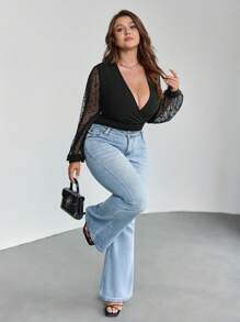 Firerie Plus Plunge Neck Dobby Mesh Blouson Sleeve Bodysuit - Black - View 6