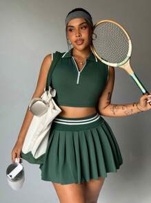 Gameset SHEIN Sport 女士加大码瑜伽服 - 简约时尚无袖背心和裙子，适合日常休闲穿着 - 綠色 - 查看 4