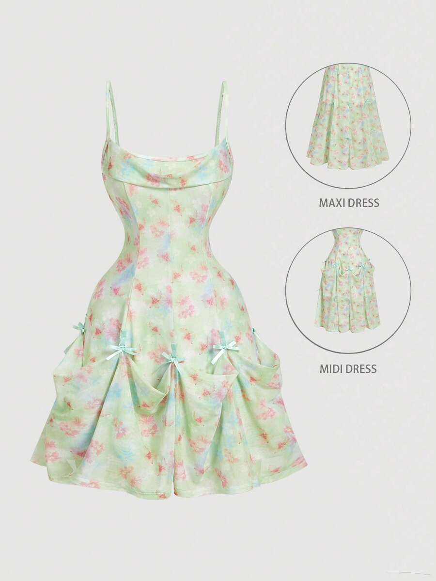 SHEIN MOD فستان بتفاصيل القوس والذيل المنفوش، فستان وسط متوسط طول مطبوع بالزهور الخضراء، فصل الربيع والصيف - أخضر - مشاهدة 1