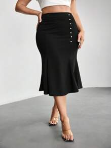 SHEIN Privé Plus Size Women Romantic Fishtail Hem Pearl Button Skirt, Elegant For Romantic Dates - Black - View 9