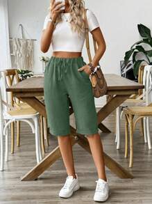 SHEIN PETITE Short en lin à taille élastique pour l'été, 5 pouces - Militaire verte - Voir 4