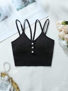 SHEIN 女士闪光胸围纽扣装饰长款文胸 - 黑色 - 查看 6
