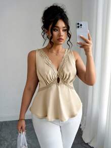 Elenzga 1 pieza Parte superior sin mangas elegante y versátil de talla grande, tank top con escote en V profundo y adorno de encaje sexy