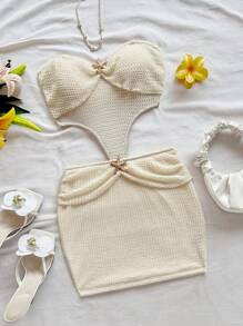 Soleia 女士金属海星装饰镂空无袖迷你吊带连衣裙 - 米色 - 查看 1