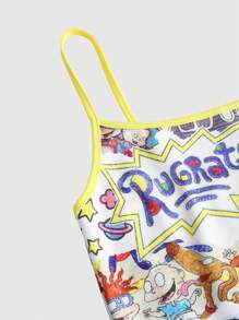 Nick 90's X ROMWE 黄色卡通人物图案吊带背心，女式拼色白色和黄色上衣 - 白色 - 查看 6