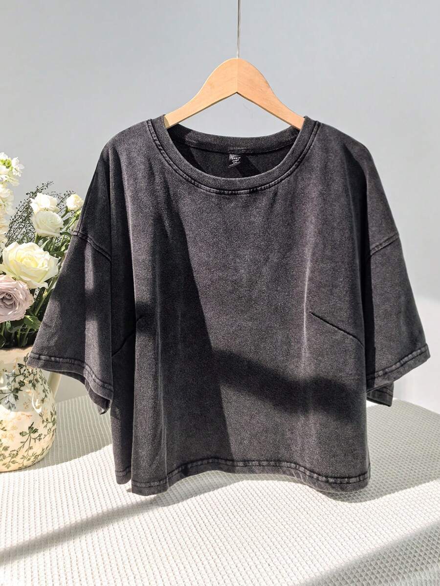 SHEIN EZwear Camiseta de algodón lava con mangas cortas, talla grande, primavera