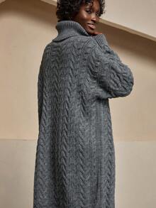 WOMEN CABLE KNIT OVERSIZED SWEATER – DARK GREY Sweater Dresses For Women Turtle Neck Dress Womens Fall Clothes Knit Dress Cable Knit Dress