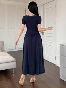 DAZY مجموعة من 2 قطعة للنساء، توب بدون أكمام ضيق ذو لون سادة وبنطال ساق واسعة، ملابس للربيع/الصيف، عودة إلى المدرسة - أزرق بحري - مشاهدة 3