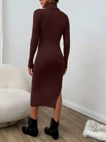 EURMUSE Đầm len dài tay hở vai cổ cao cho nữ - màu nâu - Xem 2