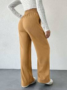 EURMUSE 松紧腰抽绳H型阔腿休闲女长裤 - 駝色 - 查看 2