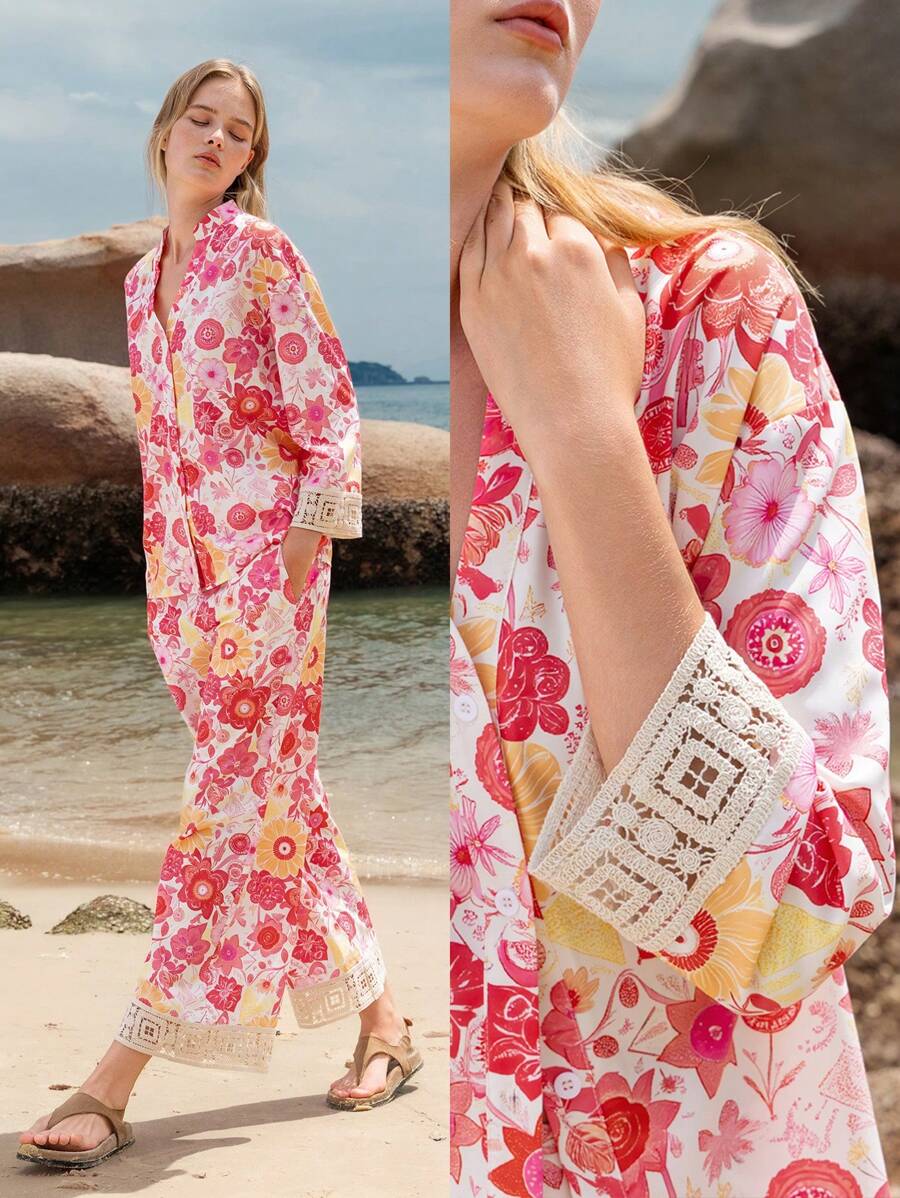 Lumivelle Women Beach Vacation Style Printed Shirt And Pants 2 Pieces Set (Printed Pattern Asymmetrical) - Multicolor - View 1