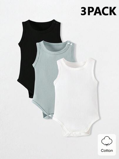 SHEIN Vintaside Kids 3 件套婴儿男女款夏季休闲三件套，包含白色、黑色、摩卡色背心连体衣，柔软舒适的棉质面料，适合度假、旅行、上学、日常聚会、春夏季假期