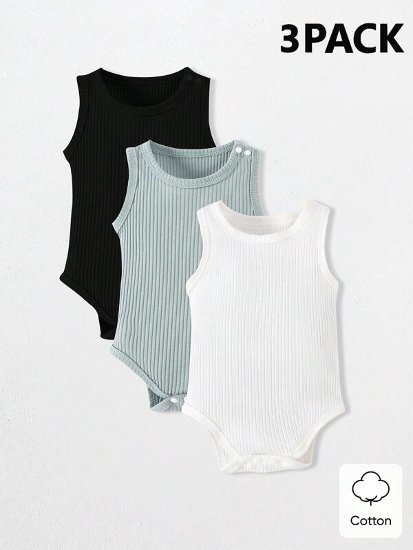 SHEIN Conjunto informal de 3 piezas para bebé niño, mamelucos sin mangas de algodón en blanco, negro, gris jaspeado, suaves y cómodos, adecuados para vacaciones, viajes, escuela, reuniones diarias, primavera/verano