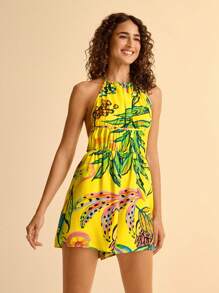 CAJUNI Women's Summer Boho Style Vacation Beach Casual Halter Backless Tie Strap Tropical Print Romper - Multicolor - View 3