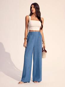 SHEIN Tall 夏季休闲度假腰头蓝色阔腿裤 - 藍色 - 查看 7
