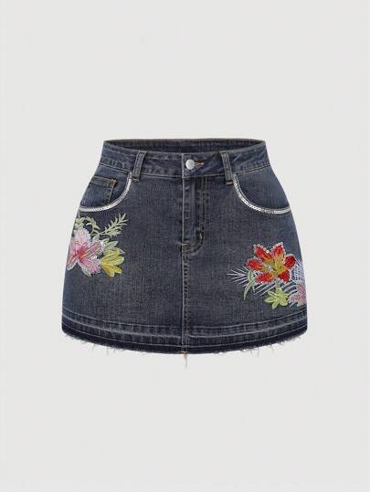J-Fashion Vacation Style Floral Beaded Low Waist Bodycon Denim Skirt