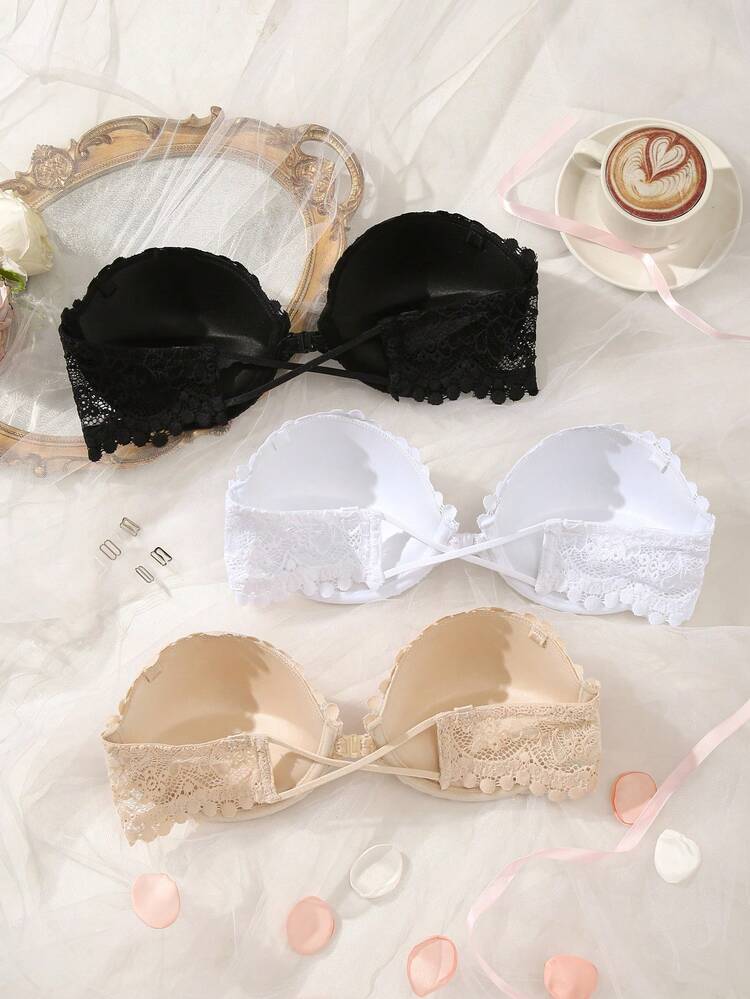 SHEIN Bộ 3 áo ngực không dây đóng phía trước nâng ngực có gọng dành cho ngực nhỏ, bao gồm dây đeo vai vô hình có thể tháo rời - Nhiều màu - Xem 2