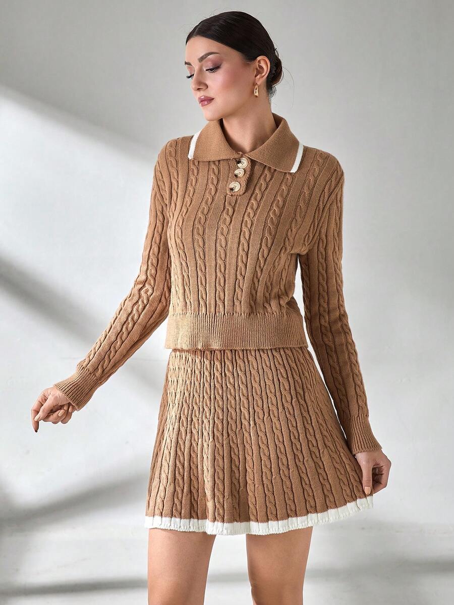 EURMUSE Brown Two Piece Set Women Top With Fold-Over Collar And Button Design + A-Line Silhouette Sweater With Intricate Cable Knitting Pattern,Winter Clothes - Camel - View 1