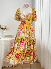 Flirla Robe d'été à encolure carrée, taille empire, volants aux manches et ourlet à volants, imprimé floral tropical, pour femmes en grandes tailles - Multicolore - Voir 3