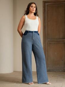 Anewsta 女士休闲提花宽腿宽松牛仔裤 - 藍色 - 查看 7