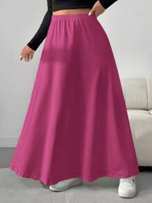 SHEIN Tall CURVE 大码休闲纯色 A 字裙 - 玫紅色 - 查看 3