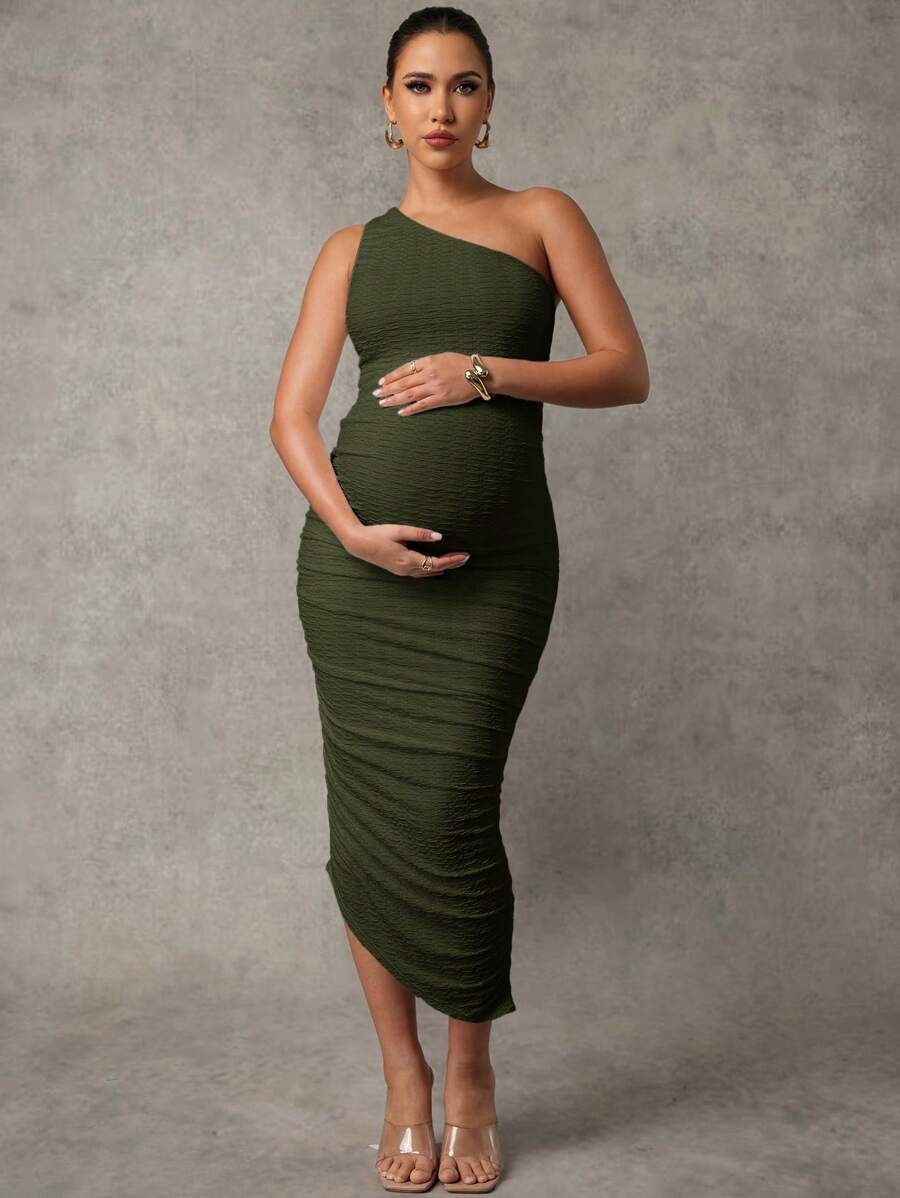 MaterniChic Đầm suông không tay màu trơn có viền bèo nhún cho bà bầu - xanh quân đội - Xem 1