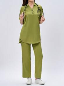 Scrubzie 2pcs Set Crew Neck Short Sleeve Top With Wrinkle-Resistant, Long Pants Uniform - Green - View 7