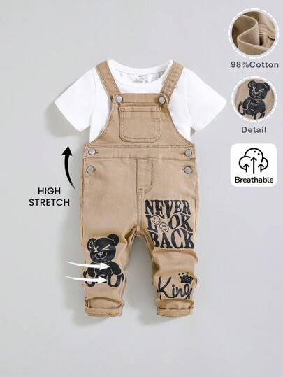 SHEIN Baby Boys Casual Söt Björn och Bokstavsmönster Hög elasticitet Skinny Denim Overall Jumpsuit, Casual och Mångsidig För Baby Baby Vår/Sommar Kläder Spring Break Outfit Streetwear Outfits