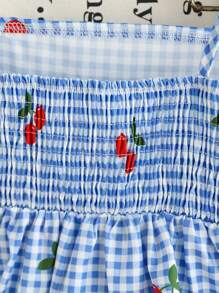 Girls (Small) Cute Plaid, Cherry Print Camisole Top & Casual Print Shorts Set, Suitable For Holiday, Summer