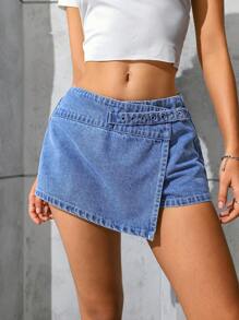 SHEIN EZwear Women's Casual Asymmetrical Waistband Denim Shorts, Summer - Light Wash - View 3
