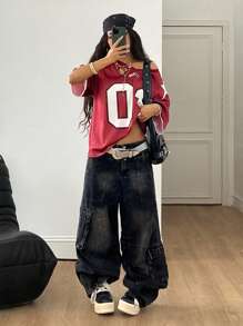 Coolane Tween Girls Spring/Summer Y2K Going Out Game Day Streetwear Number Pattern Over Size Jersey T-Shirt - Burgundy - View 5