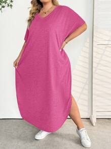 SHEIN CURVE+ Plus Size Women's Spring/Summer New Fashion Commuter Casual Pocket Design Split Robe, Summer Dresses - Hot Pink - View 3