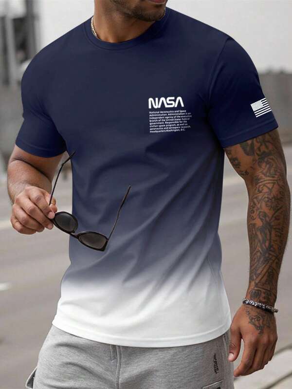 Manfinity Homme Tricou de vară cu mânecă scurtă, cu imprimeu ombre cu litere și steagul SUA