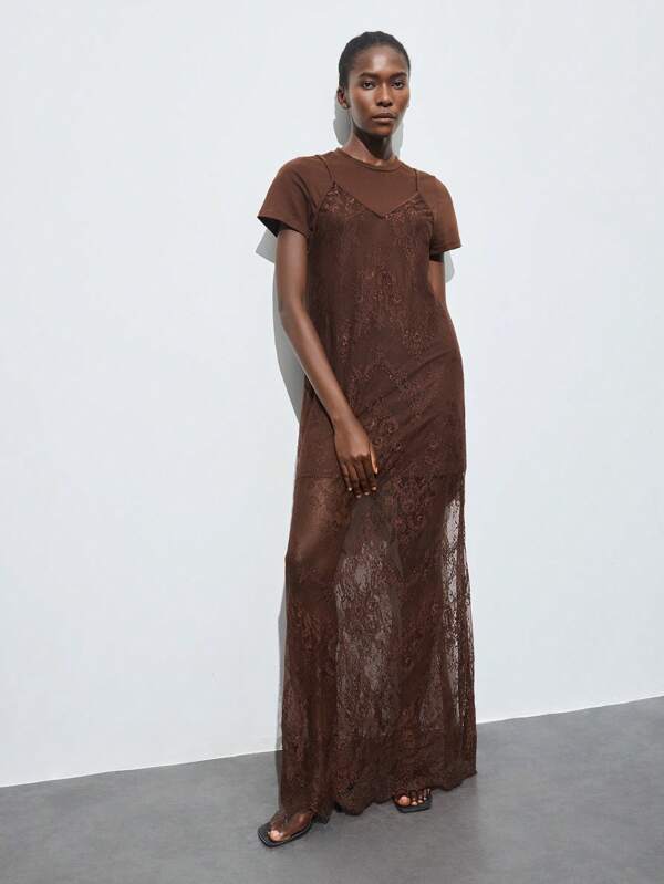 Maija 2025 Autumn/Winter New Brown Sexy Lace Camisole Dress, Detachable, Versatile Outfit For Daily, Modern Elegant Urban Romantic Refined Y2K Country Music Festival Vintage Korean Airport Travel Street Church Wedding Guest Birthday Halloween Business Casual Office Date Party Outing Back To School Fall/Winter Women, Christmas Women's Clothing