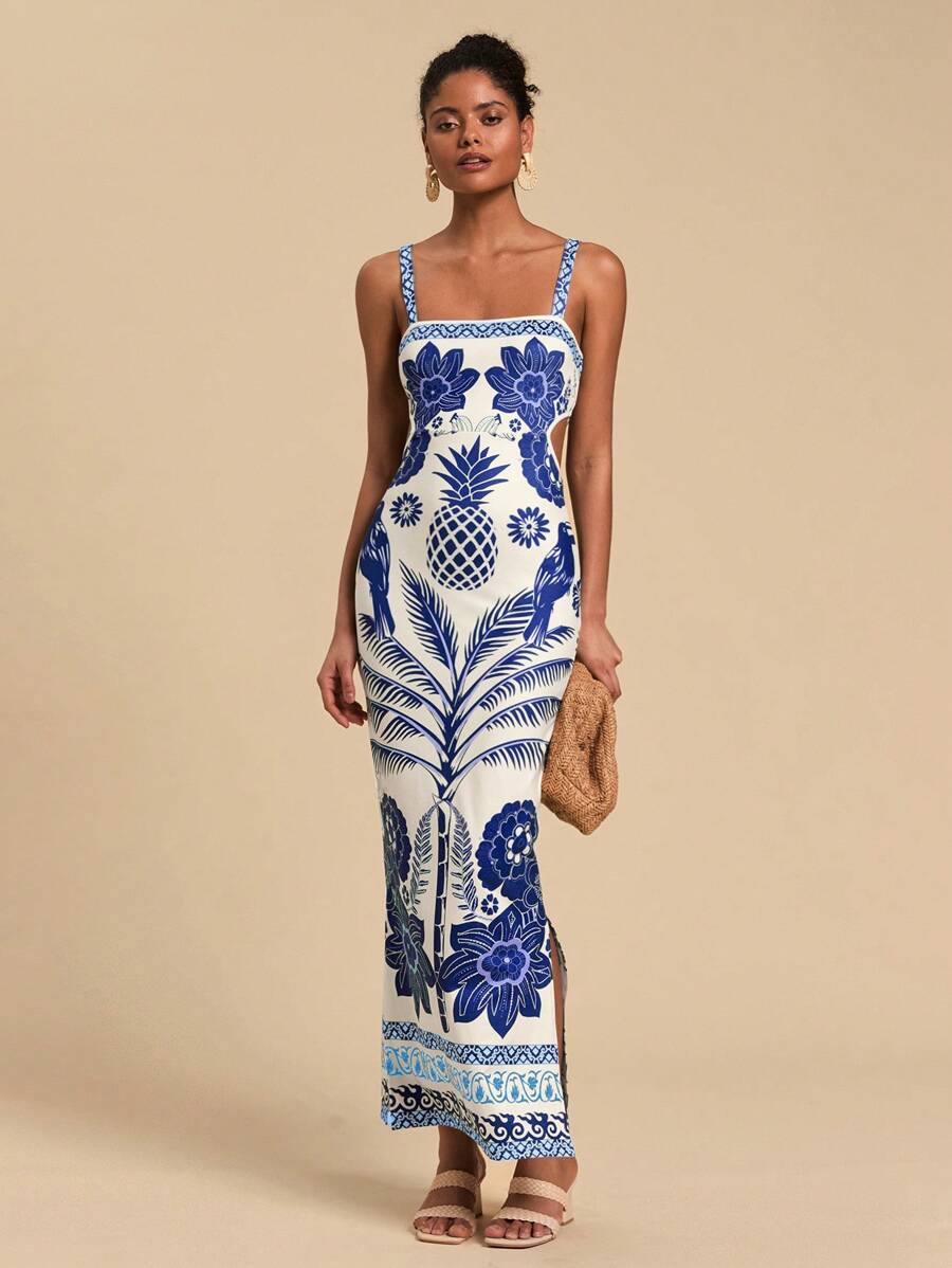 SHEIN TRVLCHIC 热带印花吊带连衣裙，简约时尚休闲日常穿着，女士夏季服装，热带度假女装，夏季，女士度假服装，女士连衣裙 - 藍色 - 查看 1