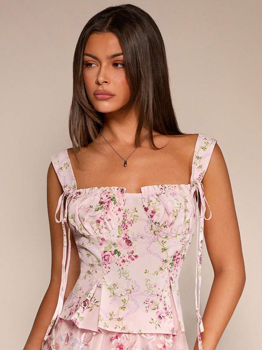 Glamine Débardeur femme à bretelles croisées et motif floral romantique, idéal pour les vacances. Convient pour les sorties, l'automne et la rentrée scolaire - Multicolore - Voir 1