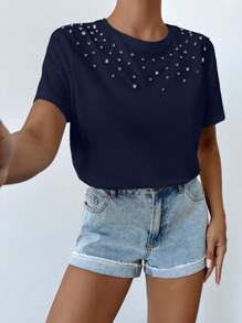 Camiseta de cuello redondo de manga corta con decoración de rhinestones para mujer