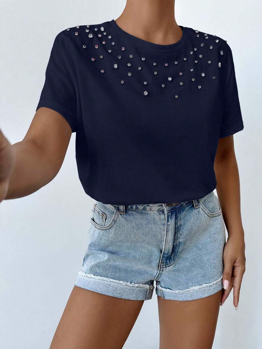 Camiseta de cuello redondo de manga corta con decoración de rhinestones para mujer