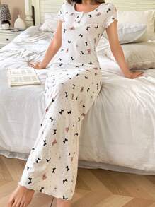 SHEIN 女士圆领纽扣熊印花长款睡袍睡裙睡衣女睡衣女睡裙女睡衣女睡衣裙女睡衣裙