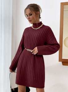 EURMUSE Solid Color Turtleneck Ribbed Knit Elegant And Fashionable Long Sleeve Sweater Dress - Burgundy - View 3