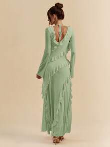 SHEIN BAE Váy maxi dài tay nhún bèo lãng mạn, trang phục thường ngày ngọt ngào cho hẹn hò, du lịch, mùa thu, váy trang trọng thanh lịch cho phụ nữ vào ngày lễ tình nhân, ngày lễ, đám cưới, váy midi, váy mùa hè có tay áo mỏng, váy dự tiệc sinh nhật cỡ lớn - Màu xanh Bạc hà - Xem 2