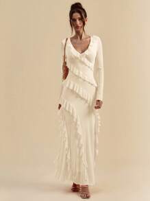SHEIN BAE Váy Maxi Tay Dài Mùa Thu, Trang Phục Thường Ngày Lãng Mạn Ngọt Ngào Cho Hẹn Hò/Du Lịch, Thích Hợp Cho Ngày Lễ Tình Nhân, Chi Tiết Nơ, Váy Thanh Lịch Cho Phụ Nữ, Váy Ngày Lễ, Váy Trang Trọng, Váy Midi, Váy Mùa Hè, Tay Áo Lưới Trong Suốt, Váy Thường Ngày, Váy Cưới Cho Nữ, Đường Cong/Cỡ Lớn, Váy Sinh Nhật Cỡ Lớn, Váy Dạ Hội, Mùa Hè, Mùa Thu - Màu be - Xem 4