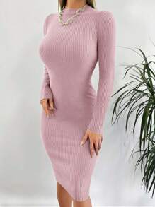 EURMUSE Jednolity Kolor Dopasowana Elegancka Sukienka Sweterowa Z Długim Rękawem